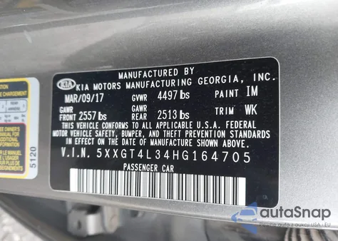 2017 Kia Optima Lx из США, поврежденный, VIN 5XXGT4L34HG164705